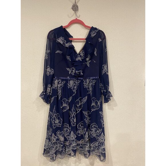 Marchesa Notte Dress Womens 10 Navy Floral Embroidered Mesh Ruffle Sheer Sleeves - Picture 2 of 5